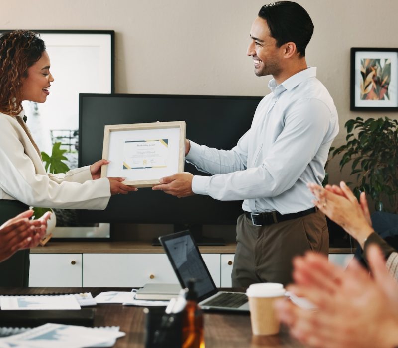 Office, woman and man with applause at award ceremony for achievement, success and well done. Peopl.